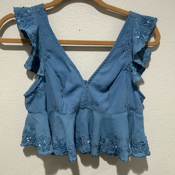 Free People Hard To Handle Top small blue beaded flutter sleeve - Picture 3 of 10